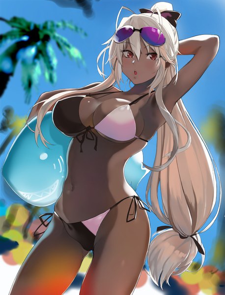 Anime picture 764x1000 with full metal daemon muramasa nitroplus sandaime muramasa hareno chiame (artist) single long hair tall image blush fringe breasts open mouth light erotic hair between eyes large breasts standing holding brown eyes payot sky cleavage