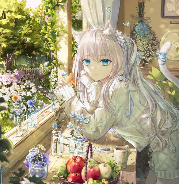 Anime picture 6728x6909 with original fuunyon single long hair tall image looking at viewer fringe highres blue eyes hair between eyes standing holding animal ears absurdres white hair tail long sleeves animal tail hair flower light smile