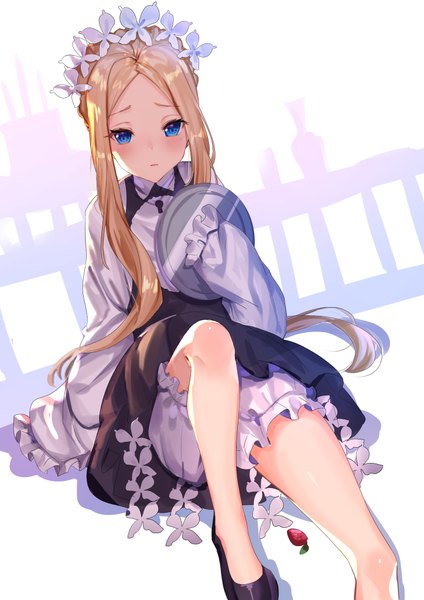 Anime picture 2894x4093 with fate (series) fate/grand order abigail williams (fate) shanguier single long hair tall image looking at viewer blush fringe highres blue eyes simple background blonde hair white background sitting payot long sleeves parted lips hands in sleeves