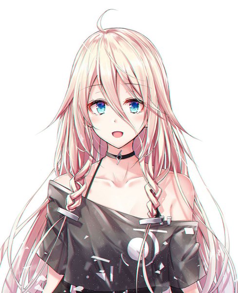 Anime picture 800x980 with vocaloid ia (vocaloid) akira (been0328) single long hair tall image looking at viewer blush fringe open mouth blue eyes simple background smile hair between eyes white background bare shoulders pink hair upper body ahoge braid (braids)