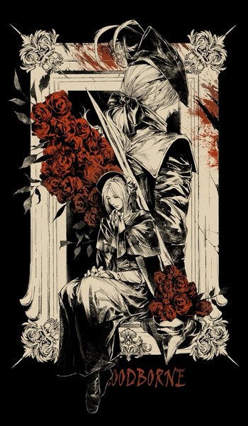 Anime picture 1066x1825 with bloodborne from software lady maria of the astral clocktower plain doll megasus long hair tall image sitting multiple girls eyes closed copyright name low ponytail blood stains empty picture frame girl flower (flowers) weapon 2 girls sword rose (roses)