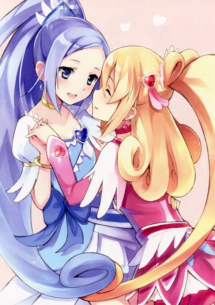 Anime picture 2120x3002 with precure dokidoki! precure toei animation aida mana hishikawa rikka cure heart cure diamond kyuri tall image blush highres open mouth blue eyes blonde hair multiple girls blue hair ponytail eyes closed very long hair leaning