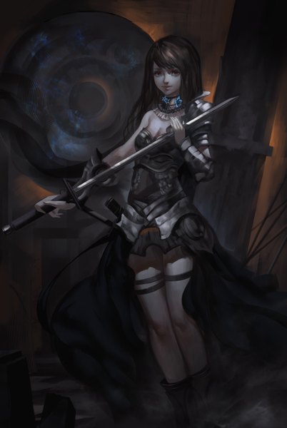 Anime picture 3508x5231 with original baka (mh6516620) single long hair tall image looking at viewer highres black hair absurdres black eyes dark background girl dress flower (flowers) weapon sword choker black dress