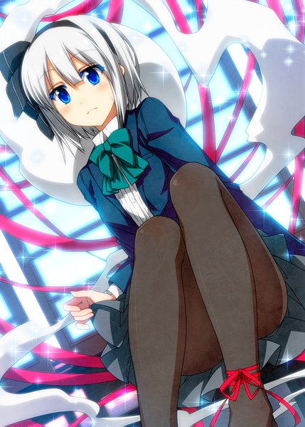 Anime picture 1200x1679 with touhou konpaku youmu myon sazanami mio single tall image looking at viewer blush short hair blue eyes light erotic sitting silver hair sparkle convenient leg girl dress ribbon (ribbons) pantyhose black pantyhose