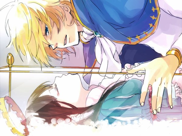 Anime picture 1157x868 with sound horizon snow white schneewittchen yamako (state of children) short hair blue eyes blonde hair brown hair couple sleeping face to face princess girl boy crown coffin prince