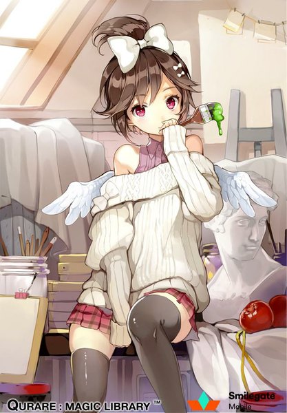 Anime picture 640x921 with qurare: magic library cocorip (riprip) single tall image looking at viewer blush fringe short hair smile brown hair sitting bent knee (knees) ponytail pleated skirt pink eyes sunlight plaid skirt angel wings white wings girl