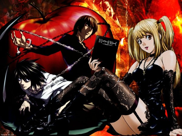 Anime picture 1024x768 with death note madhouse yagami light l (death note) amane misa blonde hair twintails short twintails group girl thighhighs boy gloves elbow gloves chain fruit apple