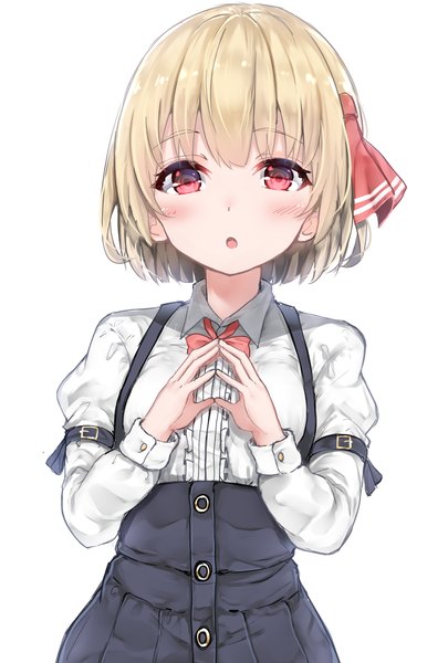 Anime picture 714x1057 with touhou rumia wowoguni single tall image blush fringe short hair open mouth simple background blonde hair red eyes white background upper body blunt bangs long sleeves :o alternate costume hands clasped girl