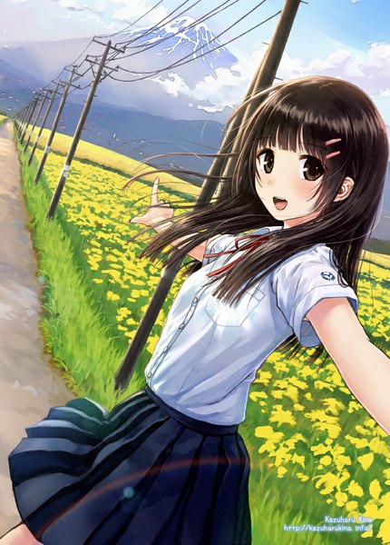 Anime picture 716x1000 with original kazuharu kina long hair tall image looking at viewer blush open mouth black hair black eyes mountain field girl skirt uniform flower (flowers) school uniform shirt power lines road