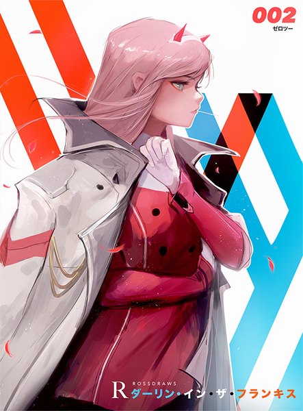 Anime picture 620x840 with darling in the franxx studio trigger zero two (darling in the franxx) rossdraws (ross tran) single long hair tall image fringe simple background standing holding signed looking away pink hair profile horn (horns) wind grey eyes copyright name character names