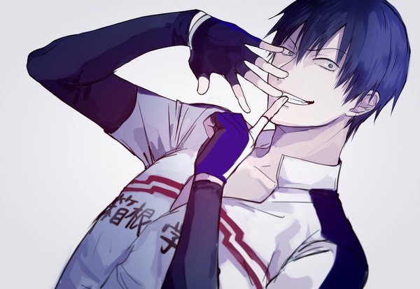 Anime picture 1154x796 with yowamushi pedal arakita yasutomo norita (noritttta) single looking at viewer fringe short hair simple background hair between eyes blue hair upper body grey background finger to mouth boy gloves uniform fingerless gloves gym uniform