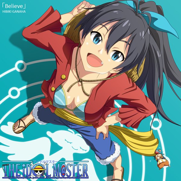 Anime picture 1000x1000 with idolmaster one piece toei animation ganaha hibiki kouchou single long hair looking at viewer open mouth blue eyes light erotic black hair ponytail :d cosplay monkey d luffy (cosplay) girl swimsuit bikini