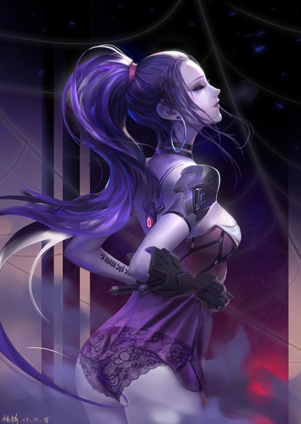 Anime picture 1200x1691 with overwatch blizzard entertainment widowmaker (overwatch) rabbit (tukenitian) single long hair tall image light erotic payot purple hair ass ponytail eyes closed profile lace-trimmed panties girl underwear panties earrings black panties