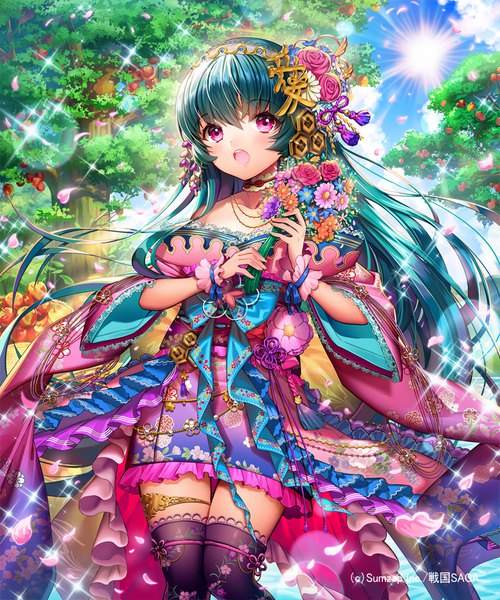 Anime picture 833x1000 with sengoku saga tagme (character) ells (ellsat) single long hair tall image looking at viewer blush fringe open mouth hair between eyes standing holding sky cloud (clouds) outdoors traditional clothes japanese clothes pink eyes aqua hair