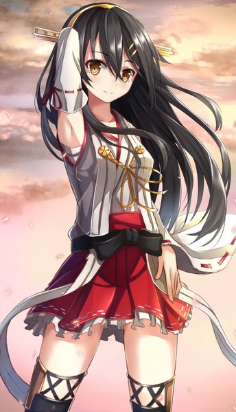 Anime picture 620x1080 with kantai collection haruna battleship rin yuu single tall image looking at viewer blush fringe black hair smile hair between eyes brown eyes payot sky cloud (clouds) very long hair traditional clothes japanese clothes arm up wide sleeves