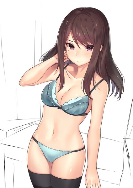 Anime picture 1276x1805 with original kagematsuri single long hair tall image looking at viewer breasts light erotic brown hair white background purple eyes mole mole under eye underwear only girl thighhighs navel underwear panties black thighhighs