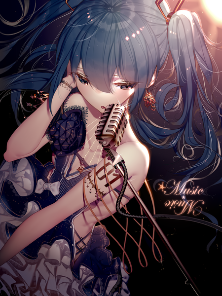 Anime picture 1440x1920 with vocaloid hatsune miku atha (leejuiping) single long hair tall image blush fringe open mouth simple background hair between eyes twintails bare shoulders looking away from above aqua hair inscription sparkle grey eyes tattoo