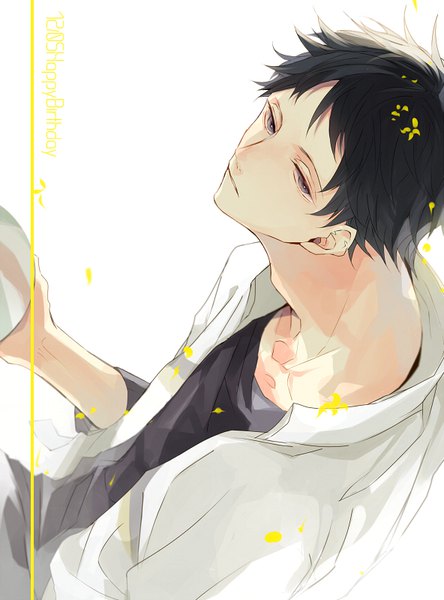 Anime picture 592x800 with haikyuu!! production i.g akaashi keiji hanamori single tall image short hair black hair simple background white background upper body from above black eyes dated happy birthday boy flower (flowers) ball