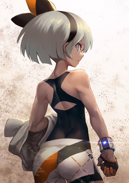 Anime picture 1700x2400 with pokemon pokemon (game) pokemon swsh nintendo bea (pokemon) nkmr8 single tall image looking at viewer fringe short hair light erotic simple background standing bare shoulders parted lips profile looking back grey hair from behind