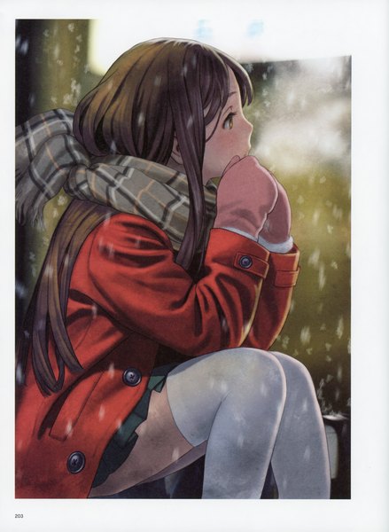 Anime picture 5092x6966 with futurelog (artbook) range murata single long hair tall image highres brown hair sitting yellow eyes looking away absurdres profile scan border snowing winter girl thighhighs skirt gloves