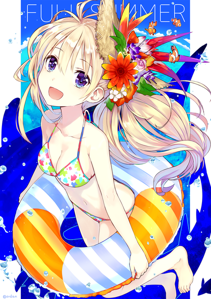 Anime picture 1132x1600 with original orda single long hair tall image looking at viewer breasts open mouth blue eyes light erotic blonde hair bare shoulders holding cleavage ponytail barefoot hair flower bare belly jumping summer