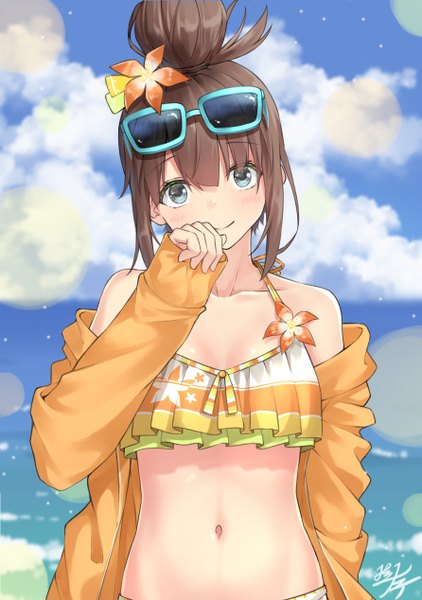 Anime picture 892x1268 with original miko fly single tall image looking at viewer blush fringe short hair smile hair between eyes brown hair bare shoulders signed payot sky cloud (clouds) upper body outdoors long sleeves arm up