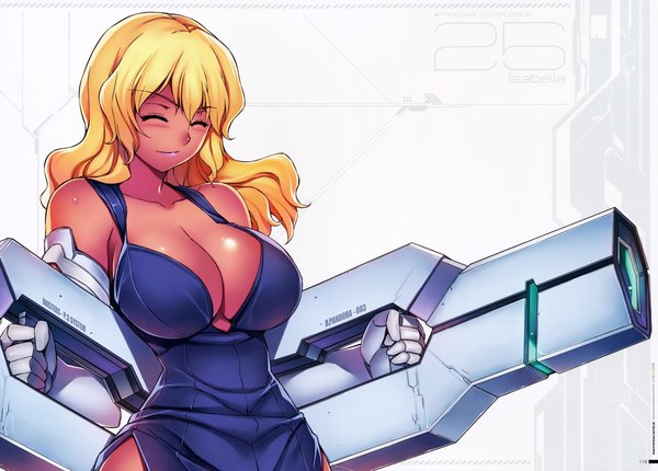 Anime picture 9379x6728 with freezing isabella lucas kim kwang hyun single long hair blush highres breasts light erotic blonde hair large breasts absurdres cleavage eyes closed scan official art girl dress weapon