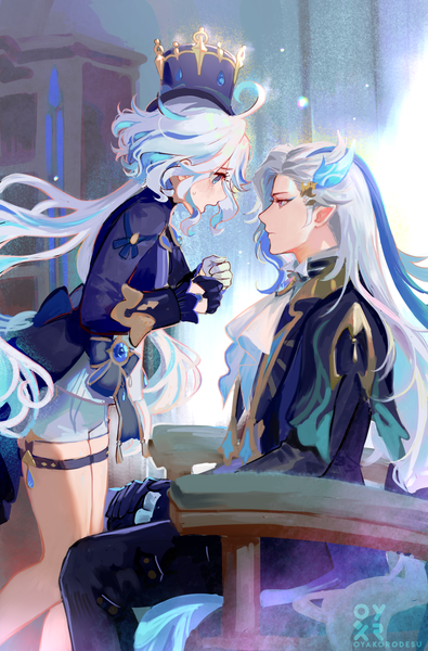 Anime picture 1496x2270 with genshin impact furina (genshin impact) neuvillette (genshin impact) oyakorodesu long hair tall image open mouth blue eyes standing sitting signed blue hair looking away silver hair ahoge bent knee (knees) indoors long sleeves profile multicolored hair