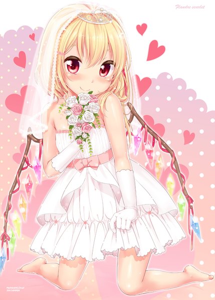 Anime picture 1659x2319 with touhou flandre scarlet yukiu con single tall image looking at viewer blush short hair blonde hair smile red eyes bare shoulders ponytail barefoot alternate costume kneeling side ponytail girl dress hair ornament