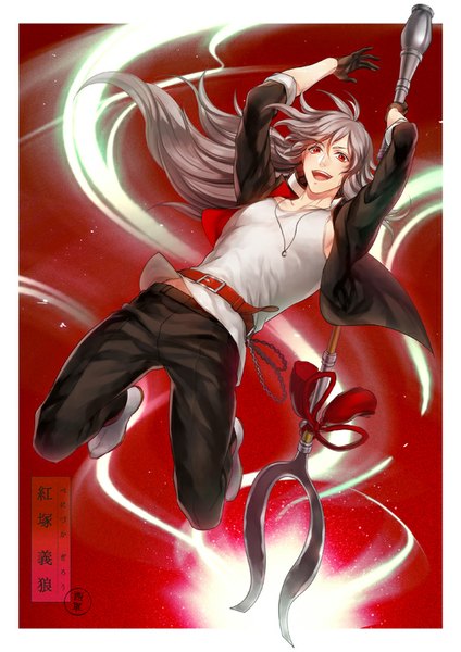 Anime picture 566x800 with original tamahagane gakuen touransai midori (pixiv) single long hair tall image open mouth smile red eyes holding very long hair grey hair open clothes arms up open jacket from below magic light red background framed