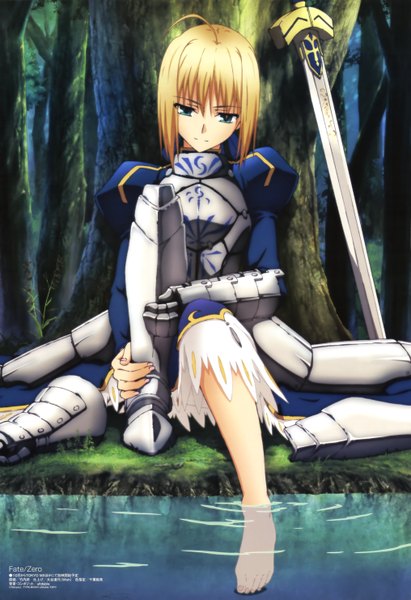 Anime picture 4061x5921 with fate (series) fate/stay night fate/zero studio deen type-moon megami magazine artoria pendragon (all) saber tall image highres short hair blue eyes blonde hair absurdres ahoge official art girl weapon plant (plants) sword