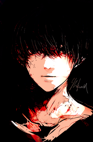 Anime picture 819x1256 with original 3kuma single tall image looking at viewer fringe short hair black hair simple background hair between eyes signed upper body black eyes black background portrait blood on face hair over eyes boy blood
