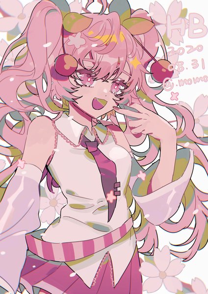 Anime picture 2308x3264 with vocaloid hatsune miku sakura miku taowu (20809) single long hair tall image fringe highres open mouth hair between eyes twintails signed looking away pink hair nail polish :d pink eyes fang (fangs) twitter username