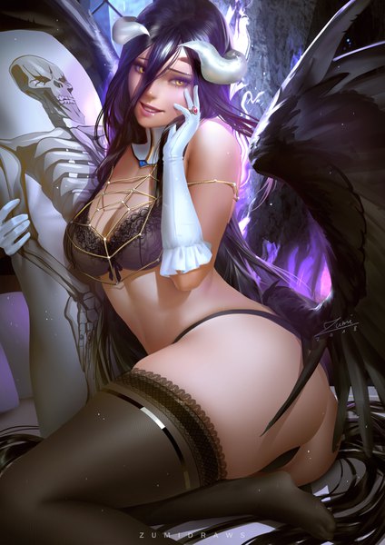 Anime-Bild 2481x3508 mit overlord (maruyama) madhouse albedo (overlord) ainz ooal gown zumi (zumidraws) single tall image looking at viewer fringe highres breasts light erotic black hair smile hair between eyes large breasts sitting bare shoulders holding signed
