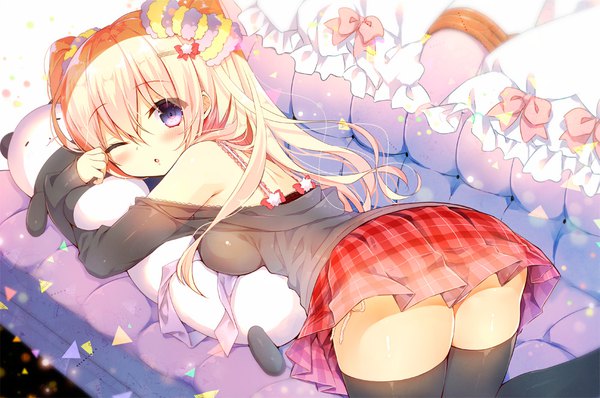Anime picture 1000x664 with original yadapot single long hair blush fringe light erotic blonde hair hair between eyes purple eyes ass lying long sleeves parted lips pleated skirt one eye closed looking back off shoulder :o two side up