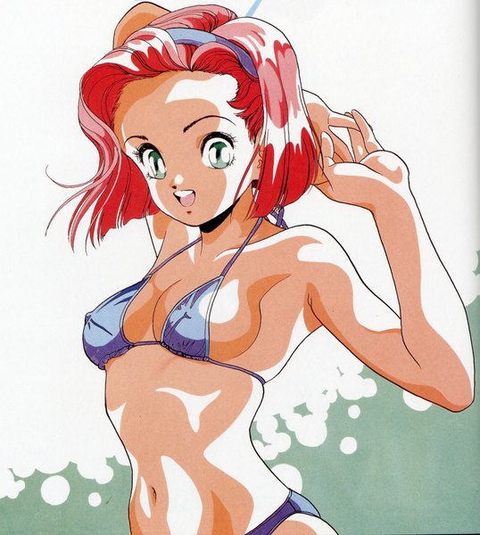 Anime picture 1024x1143 with ujin single tall image looking at viewer short hair open mouth light erotic green eyes red hair scan arms behind head girl swimsuit bikini hairband