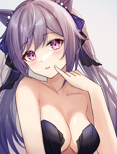 Anime picture 2237x2952 with genshin impact keqing (genshin impact) keqing (opulent splendor) (genshin impact) atychi single long hair tall image looking at viewer blush fringe highres breasts light erotic simple background large breasts white background purple eyes twintails bare shoulders payot