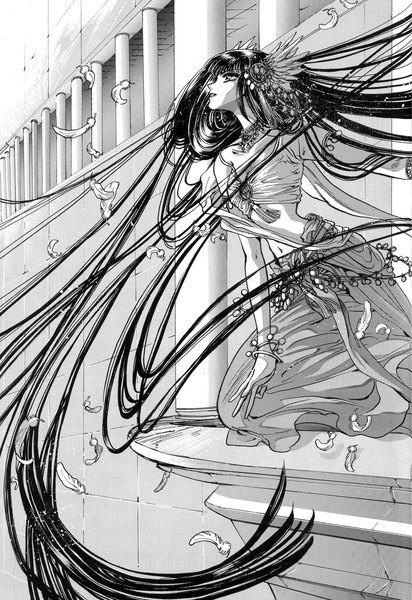 Anime picture 1601x2328 with rg veda clamp kendappa-ou single long hair tall image black hair profile wind monochrome girl navel hair ornament bracelet building (buildings) jewelry feather (feathers) wall balcony