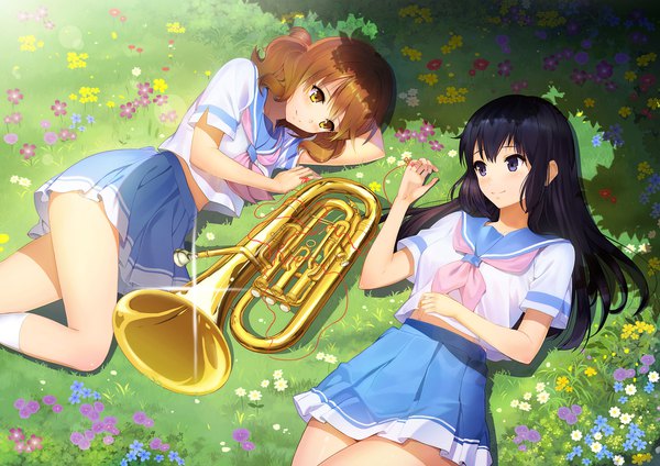 Anime picture 1754x1240 with hibike! euphonium kyoto animation kousaka reina oumae kumiko vmax-ver (a3eilm2s2y) long hair blush highres short hair black hair brown hair multiple girls brown eyes lying girl skirt uniform flower (flowers) 2 girls miniskirt