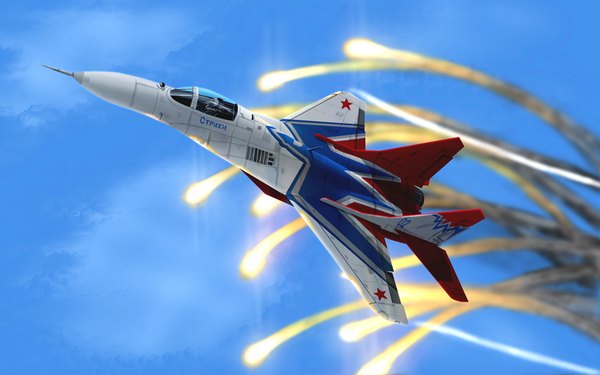Anime picture 800x500 with original yaenagi sky flying military mig-29 weapon airplane jet