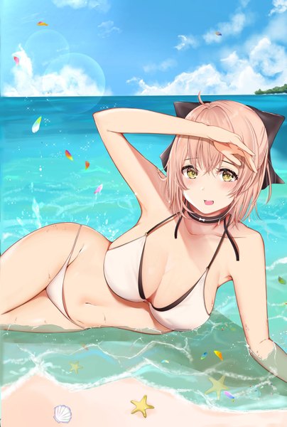 Anime picture 1381x2048 with fate (series) fate/grand order okita souji (fate) (all) okita souji (koha-ace) uiri-na single tall image looking at viewer blush fringe short hair breasts open mouth light erotic hair between eyes large breasts yellow eyes payot cleavage lying