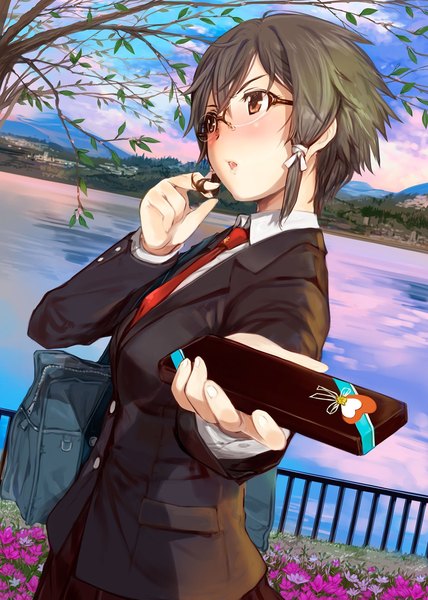 Anime picture 1280x1796 with sword art online a-1 pictures asada shino mikazuki akira single tall image blush fringe short hair breasts open mouth black hair hair between eyes standing holding brown eyes looking away sky cloud (clouds) outdoors