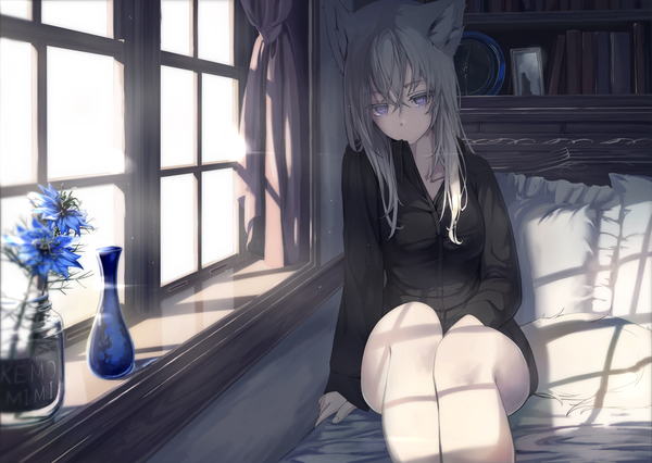 Anime picture 2549x1811 with original mikisai single long hair looking at viewer fringe highres hair between eyes sitting purple eyes animal ears payot bent knee (knees) indoors head tilt grey hair sunlight arm support bare legs expressionless