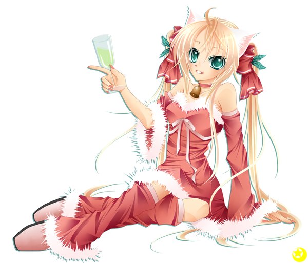 Anime picture 1500x1284 with original midzuki single long hair looking at viewer simple background blonde hair smile white background twintails bare shoulders animal ears ahoge aqua eyes cat ears christmas merry christmas girl bow hair bow