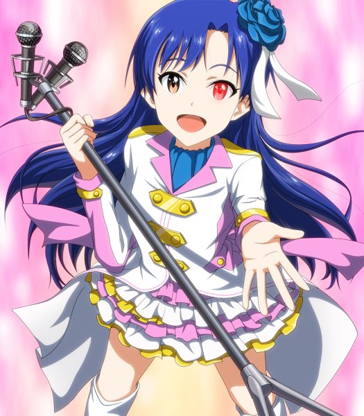 Anime picture 1050x1200 with idolmaster idolmaster (classic) kisaragi chihaya kouchou single long hair tall image looking at viewer open mouth blue hair :d hair flower heterochromia girl dress hair ornament flower (flowers) microphone stand