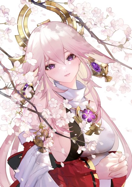 Anime picture 1500x2121 with genshin impact yae miko nido celisius single long hair tall image looking at viewer fringe hair between eyes purple eyes animal ears pink hair upper body traditional clothes head tilt japanese clothes fox ears cherry blossoms nontraditional miko girl
