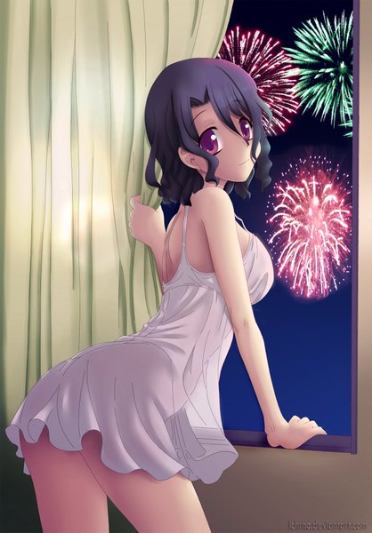 Anime picture 1400x2011 with rarisugina kanojo (manga) lchrno single tall image looking at viewer short hair light erotic black hair red eyes fireworks girl nightie