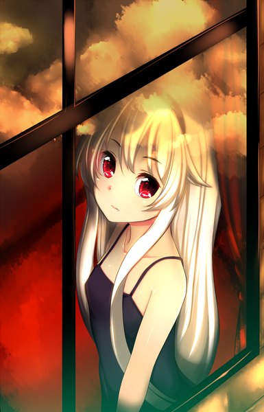 Anime picture 770x1200 with original afilia (kiyomin) kiyomin single long hair tall image looking at viewer red eyes bare shoulders cloud (clouds) white hair girl window