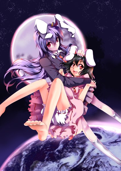 Anime picture 2893x4092 with touhou reisen udongein inaba inaba tewi sinchi (artist) long hair tall image highres short hair open mouth black hair red eyes multiple girls animal ears purple hair night bunny ears bunny girl girl 2 girls moon