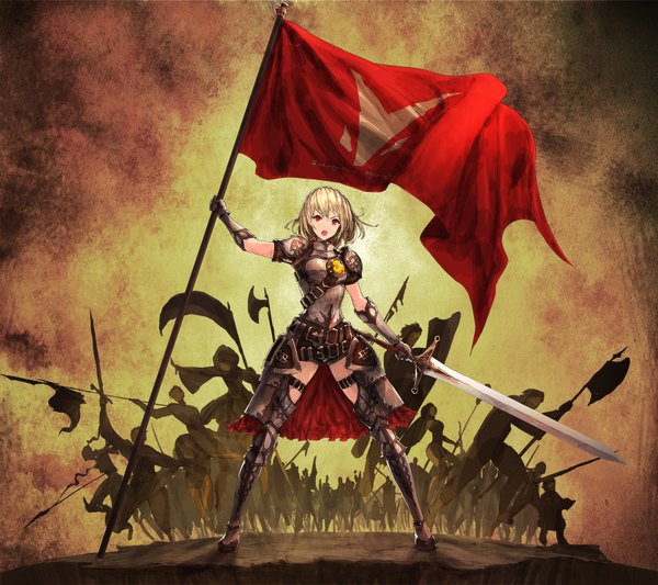 Anime picture 1688x1500 with tech chimera looking at viewer fringe short hair open mouth blonde hair red eyes holding girl weapon sword belt armor spear flag fanny pack people axe